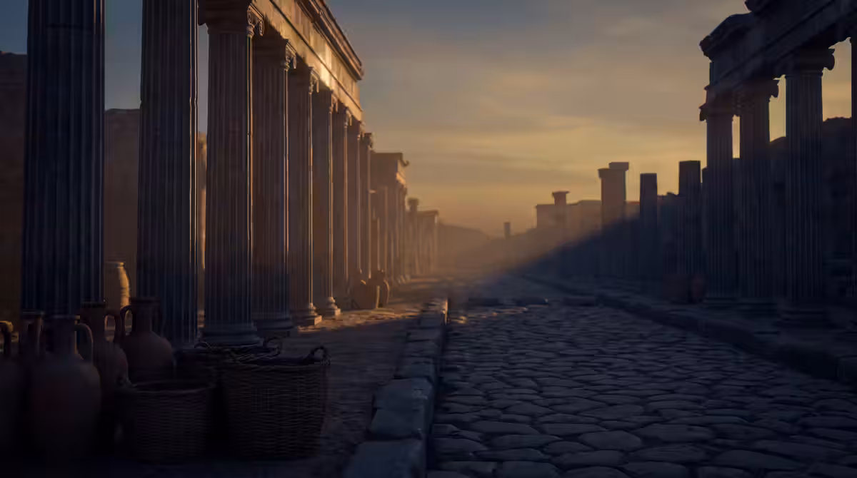 A colonnaded Roman street at golden hour with clay vessels in the foreground