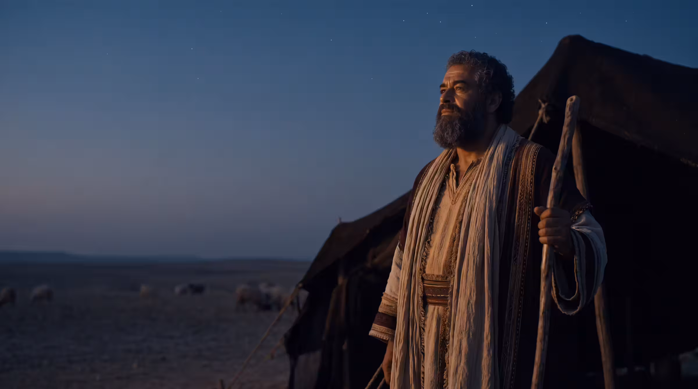 Abraham at the entrance of his tent on a high plain in Canaan at dusk, a staff in one hand, the first stars showing