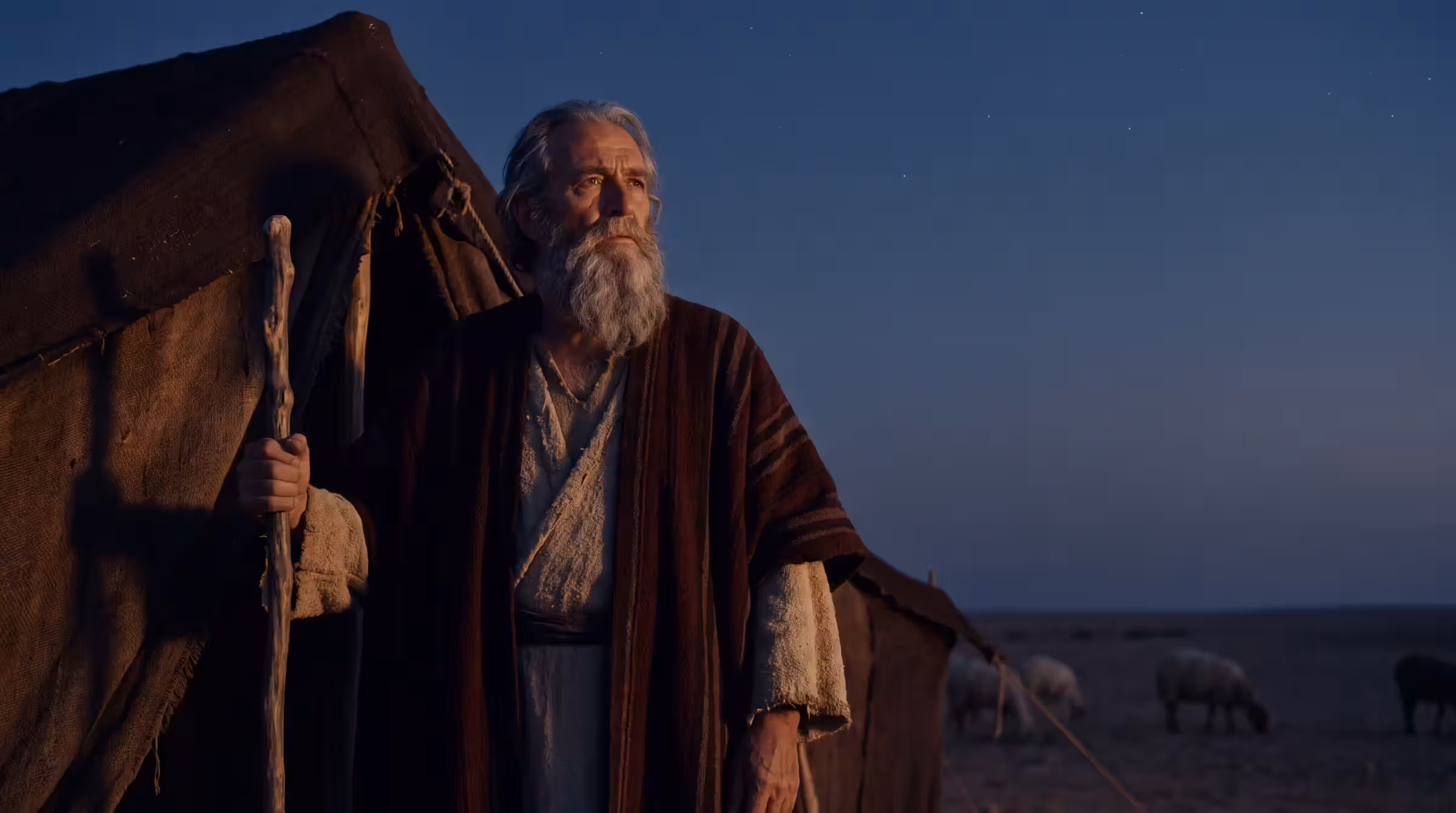 An elderly bearded patriarch in wool robes standing at the door of a goat-hair tent on an empty plain, looking up at a darkening sky