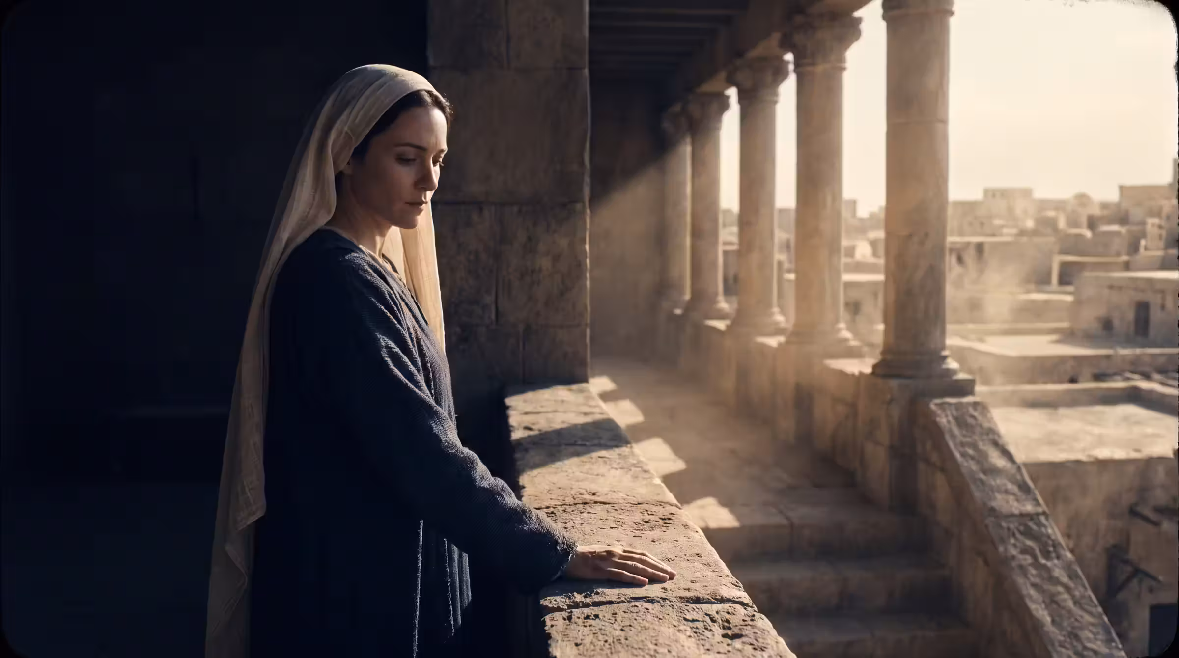 A woman in a dark robe and linen head covering standing in the shadow of a palace colonnade above the rooftops of Jerusalem