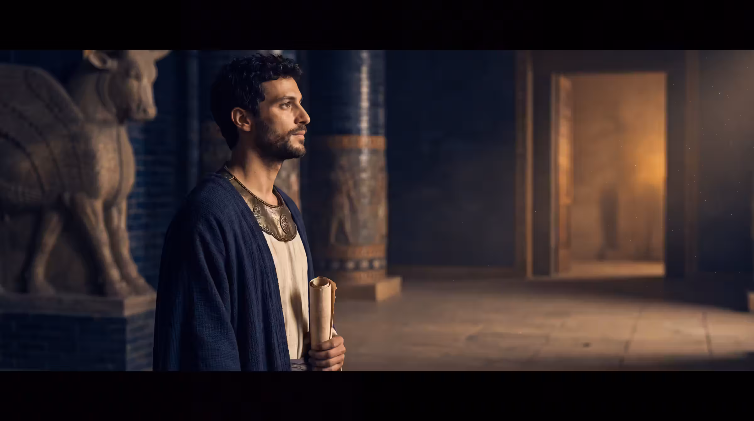 A young Judean man in an indigo Babylonian robe holding a scroll, standing among glazed brick columns in a lamplit palace hall