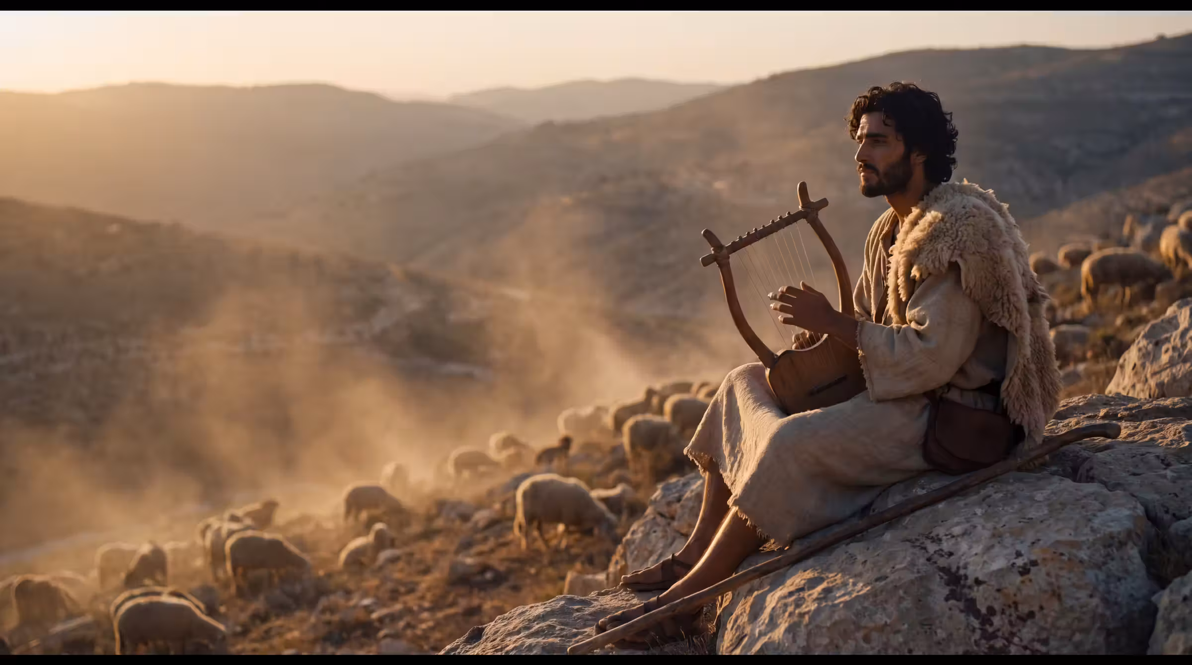 David seated on a boulder above Bethlehem at golden hour with a lyre on his knee, his flock scattered down the slope beyond