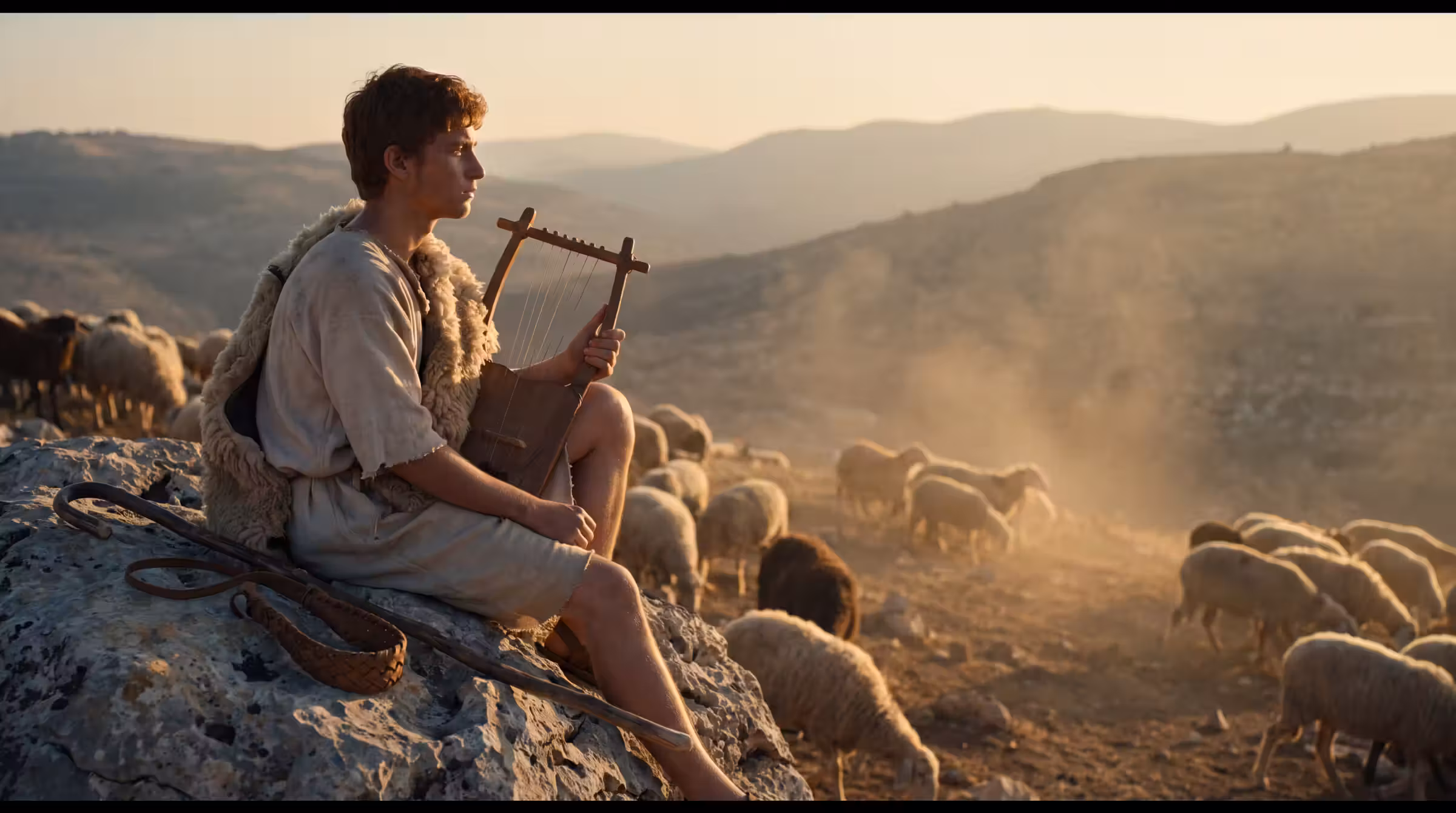 A young shepherd with a wooden lyre on his knee sitting on a boulder above Bethlehem at sunset, his flock scattered on the slope beyond