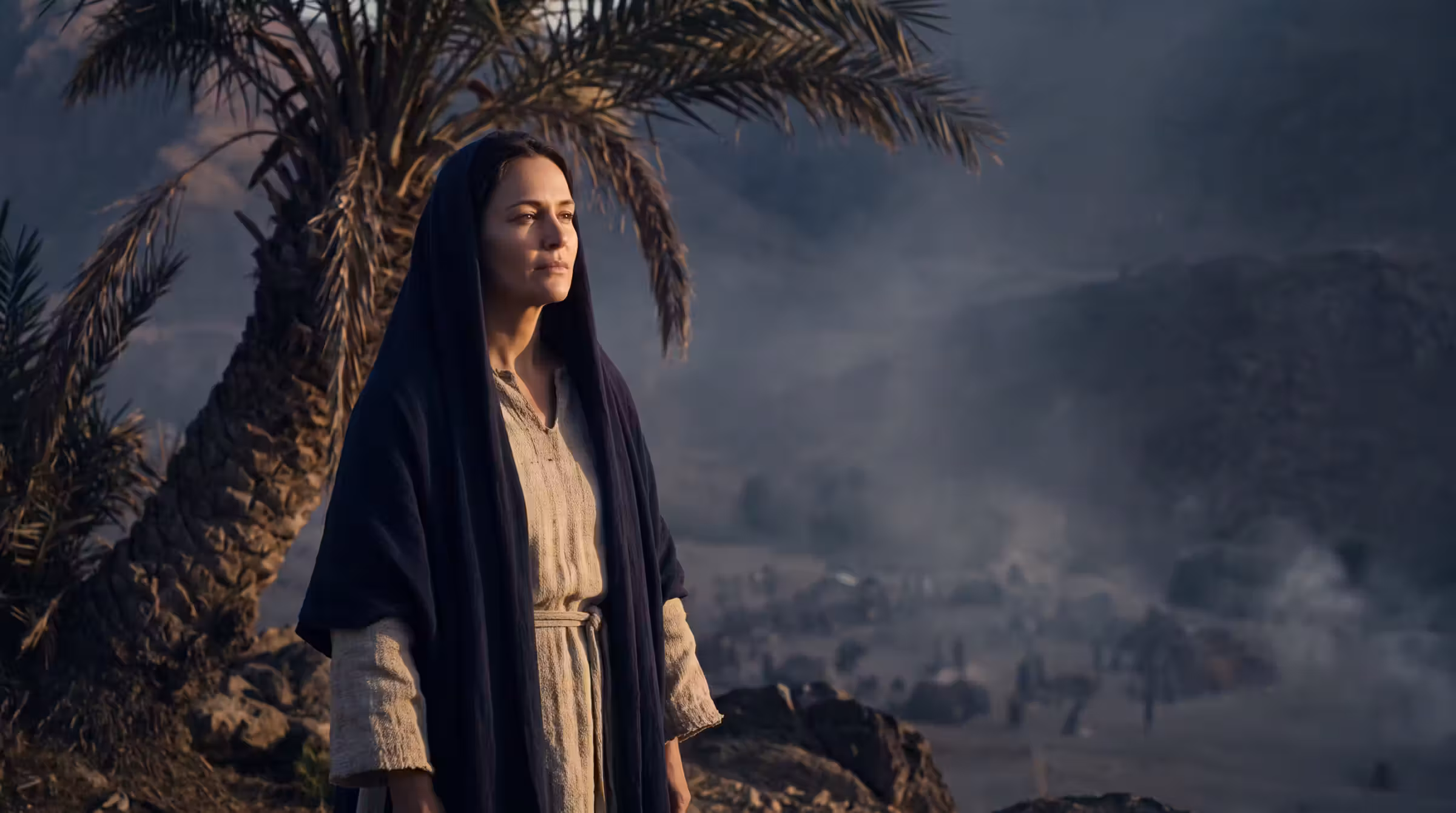 A woman in an indigo mantle standing beneath an ancient palm on a ridge at dawn, a hazy valley and distant army below