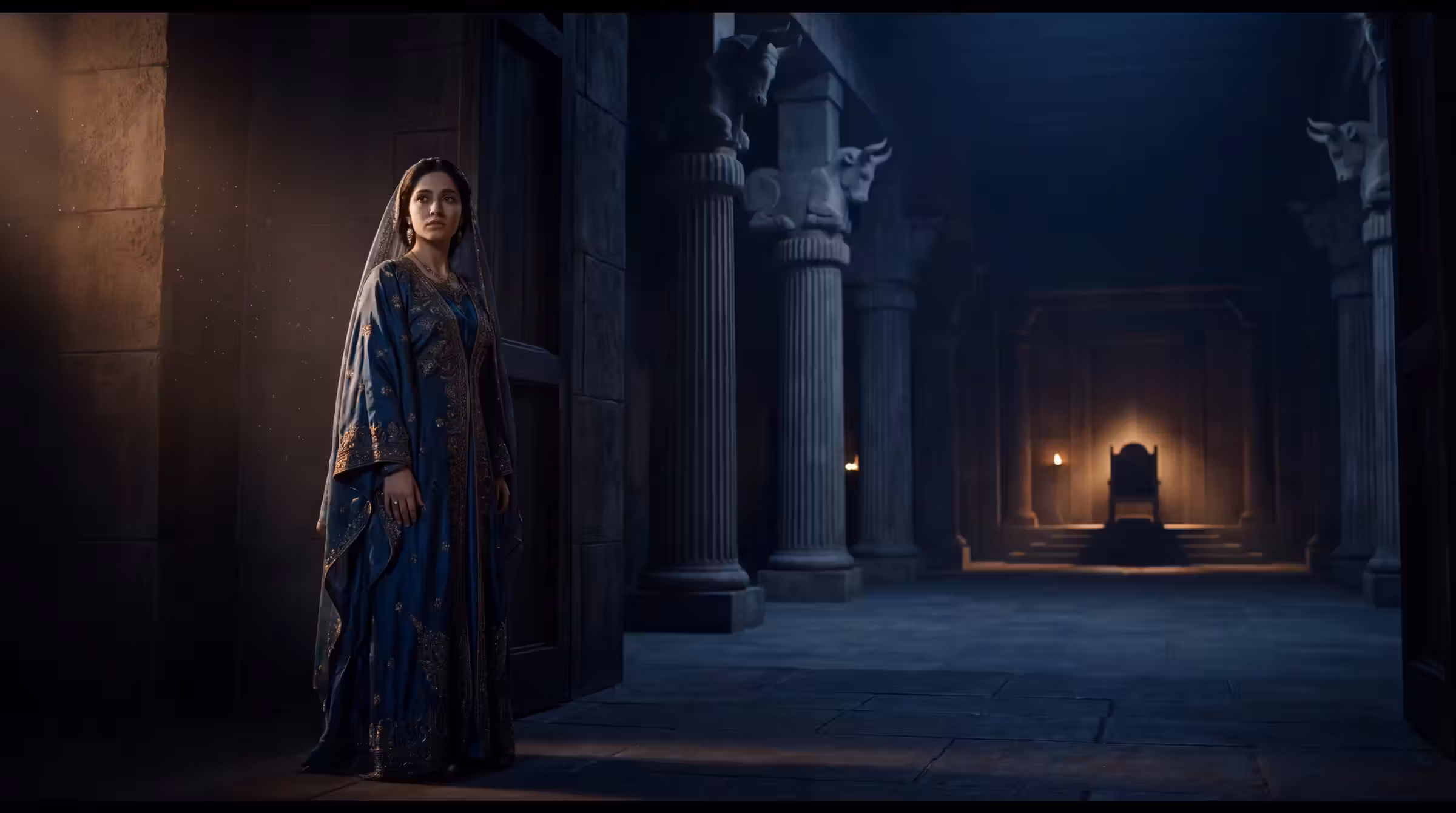A young queen in blue and brass Persian robes standing alone at the threshold of a vast columned throne hall at night
