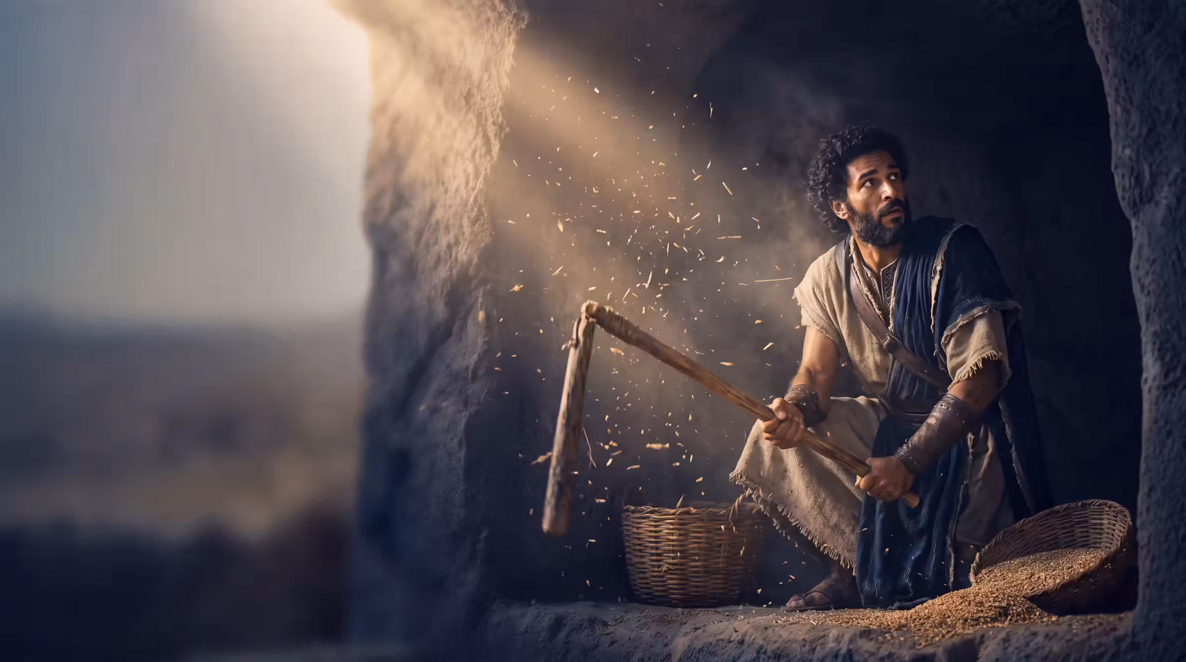 Gideon threshing wheat in secret inside a rock-cut winepress, chaff in a shaft of light, glancing sharply up
