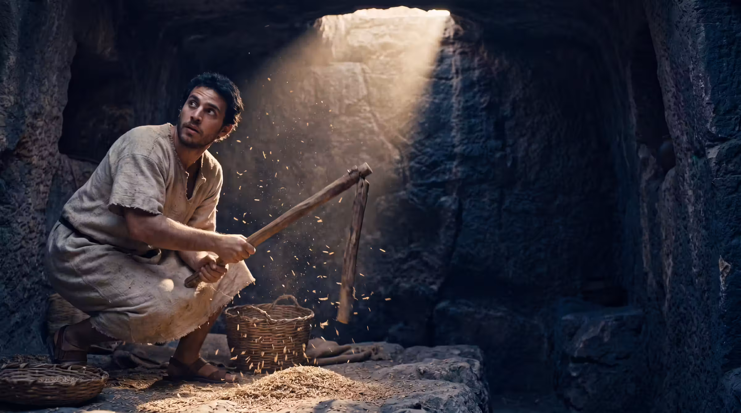 A young farmer threshing wheat in secret inside a rock-cut winepress, chaff hanging in a shaft of light, glancing up sharply