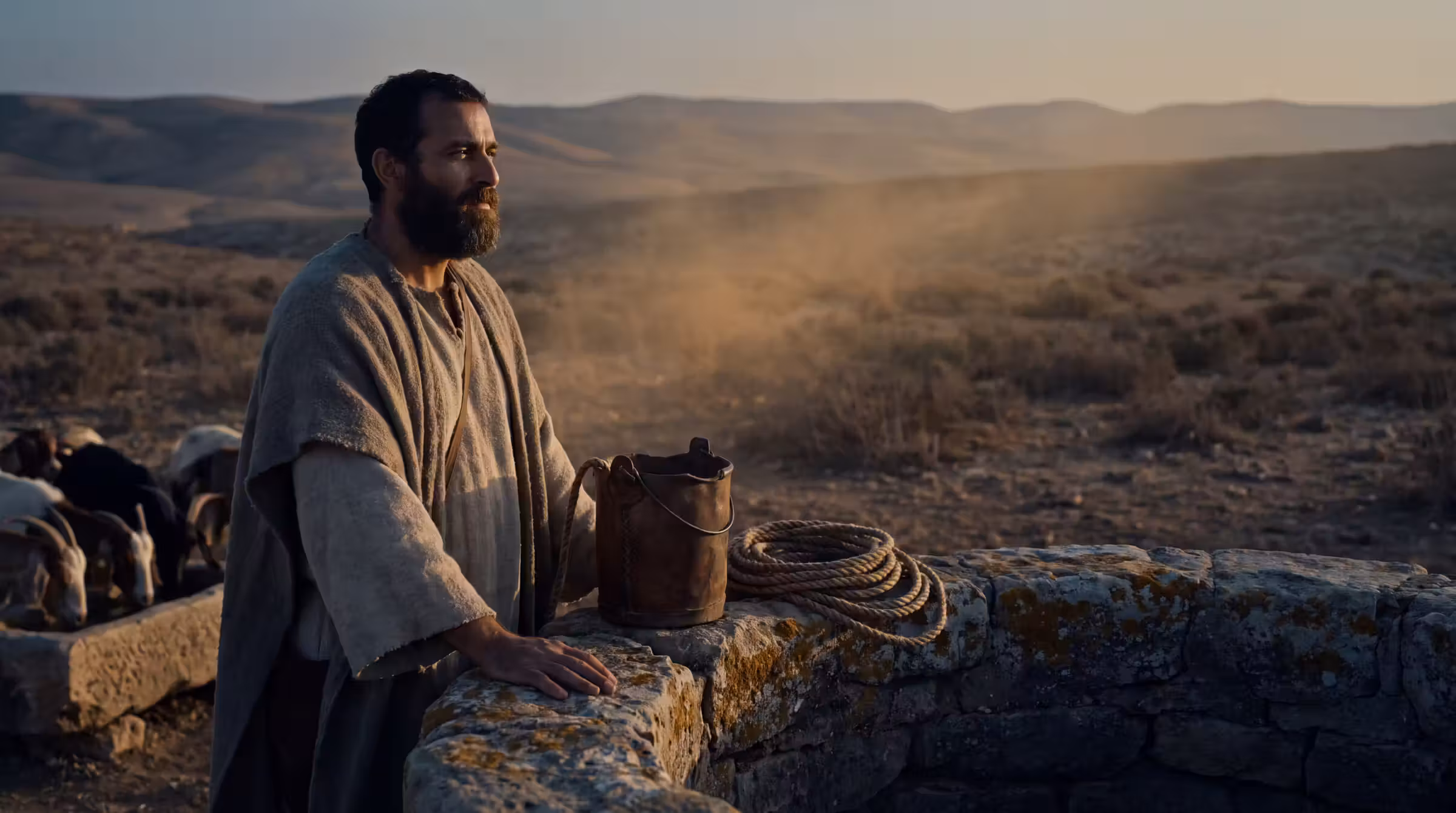 A bearded man in plain wool robes resting a hand on the stone coping of a desert well at evening, goats drinking at the trough