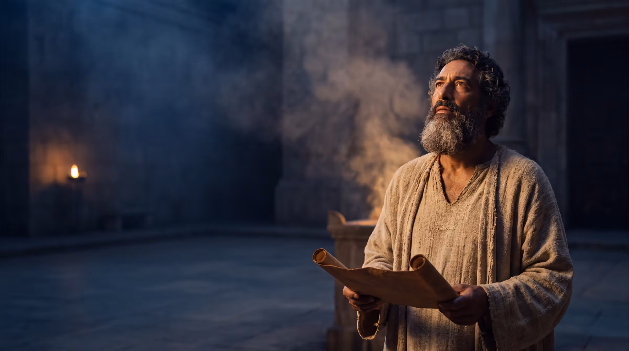 Isaiah in the temple court before dawn, a scroll open in one hand, altar smoke drifting through the light