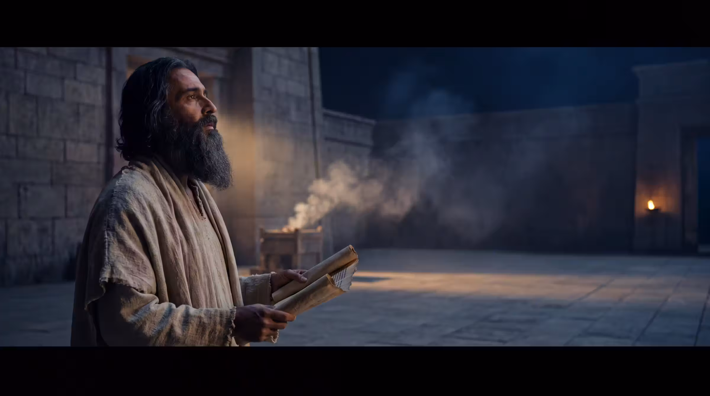 A bearded prophet holding an open scroll in the smoky stone court of the Jerusalem temple before dawn, face lifted