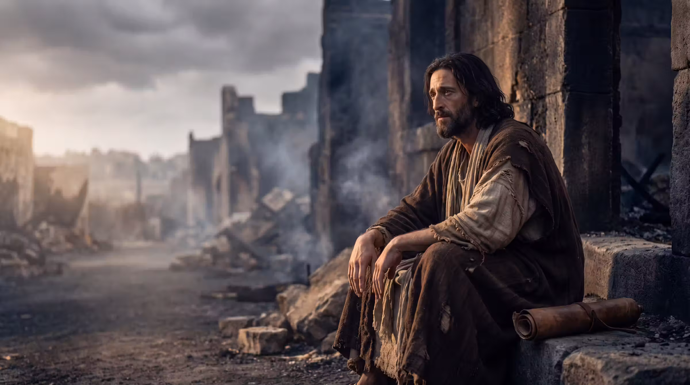 Jeremiah sitting on the step of a broken city gate in Jerusalem, a scroll beside him, the ruined street running away beyond