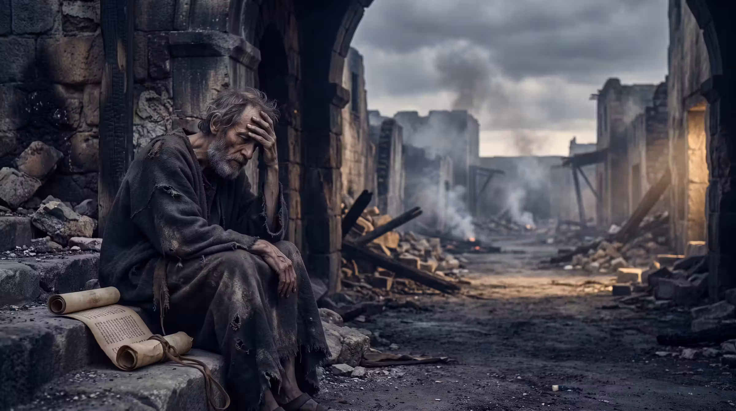 A gaunt prophet in a torn mantle sitting on the step of a broken city gate, a scroll beside him and a ruined street beyond
