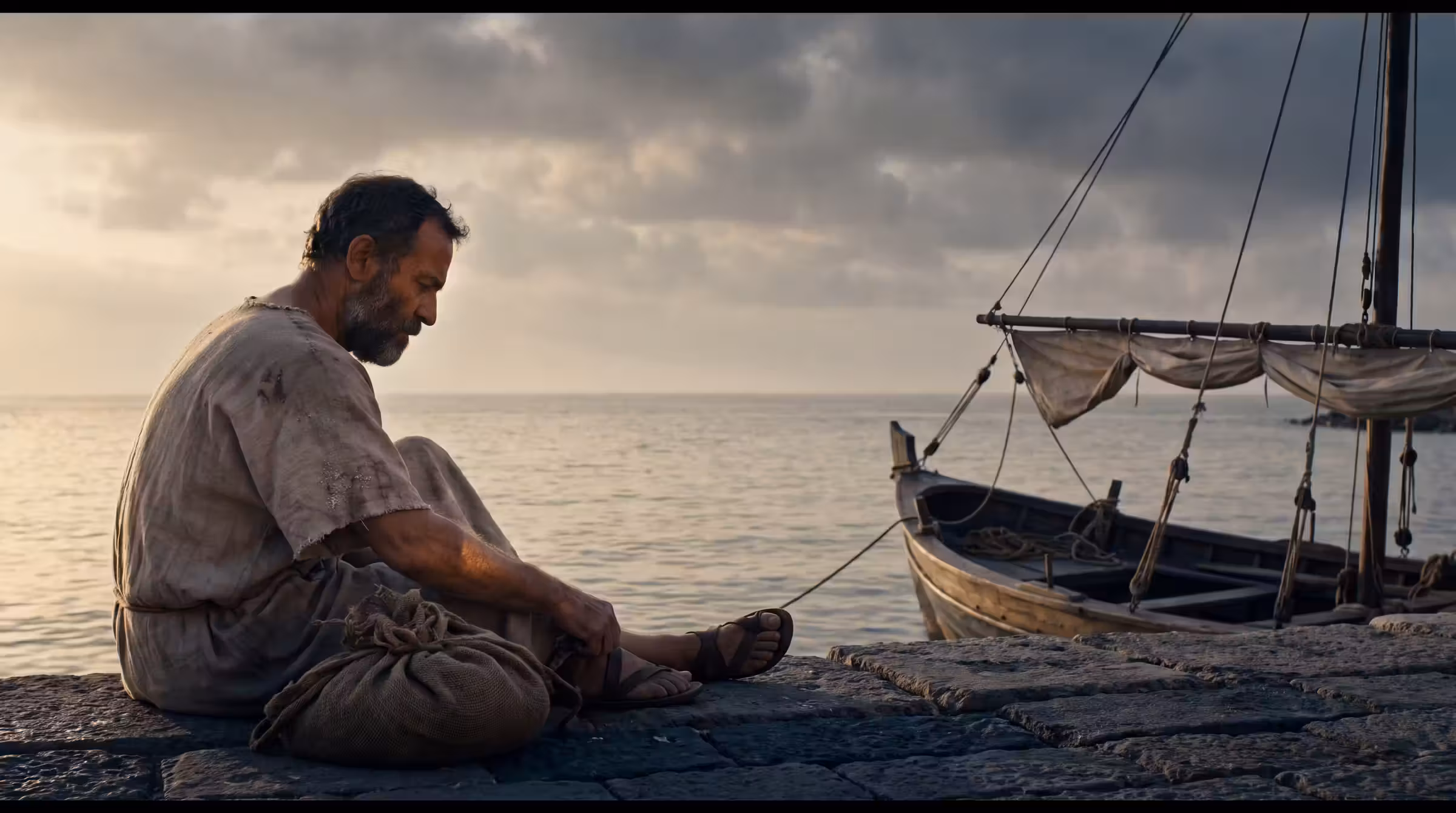 A man with a travelling bundle sitting on the stone quay at Joppa beside a small merchant ship, turned away from the open sea