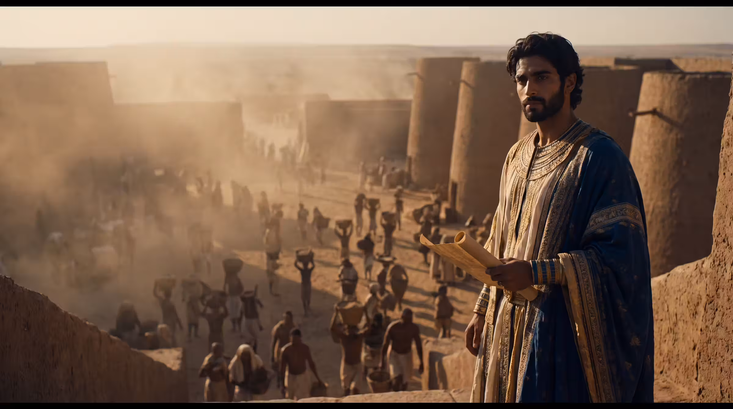 Joseph as Egypt's vizier on the step of a granary court at Memphis, a rolled record in hand, silos and labourers beyond