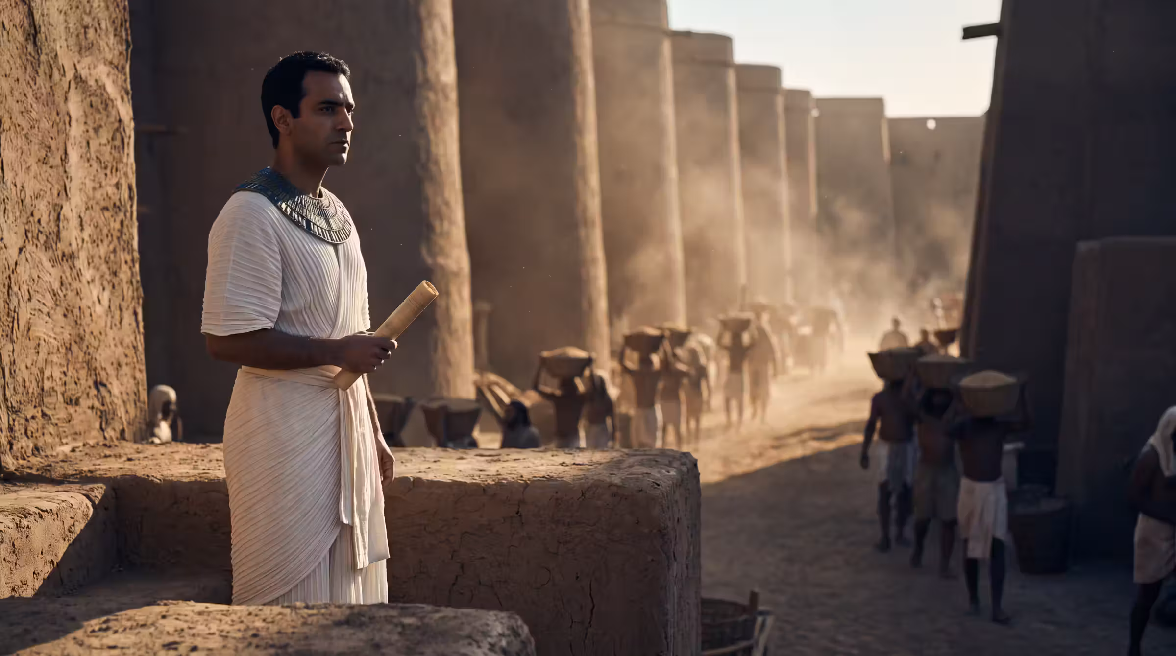 A man in pleated Egyptian linen and a brass collar standing above a granary court of mud-brick silos and labourers in warm dust