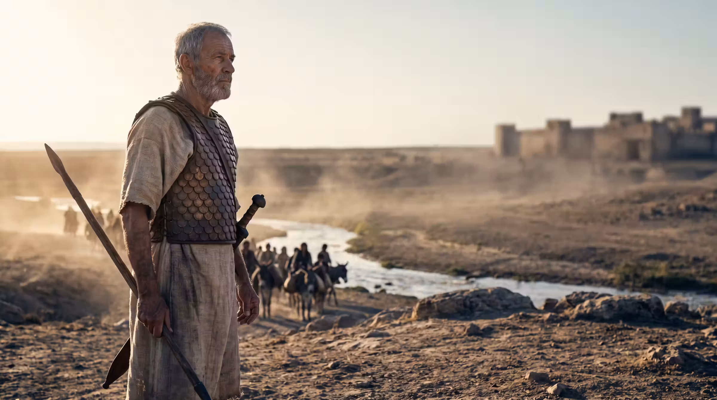 An older man in a bronze-scaled cuirass standing on a rise above the Jordan plain with a grounded spear, distant walled city in the haze