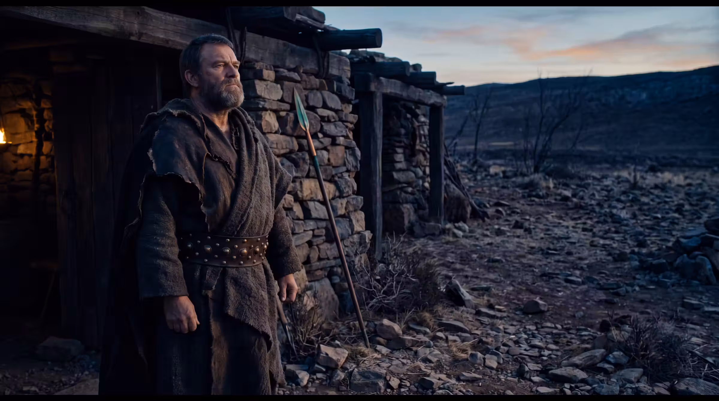 A heavy-set bearded man in hide and rough wool standing defiantly outside a low stone encampment on stony ground at dusk