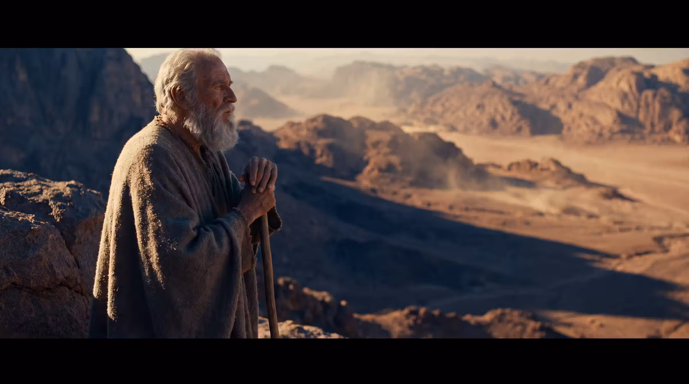 An old man with a long white beard leaning on a shepherd's staff high on a rock shoulder of Sinai above an empty desert valley