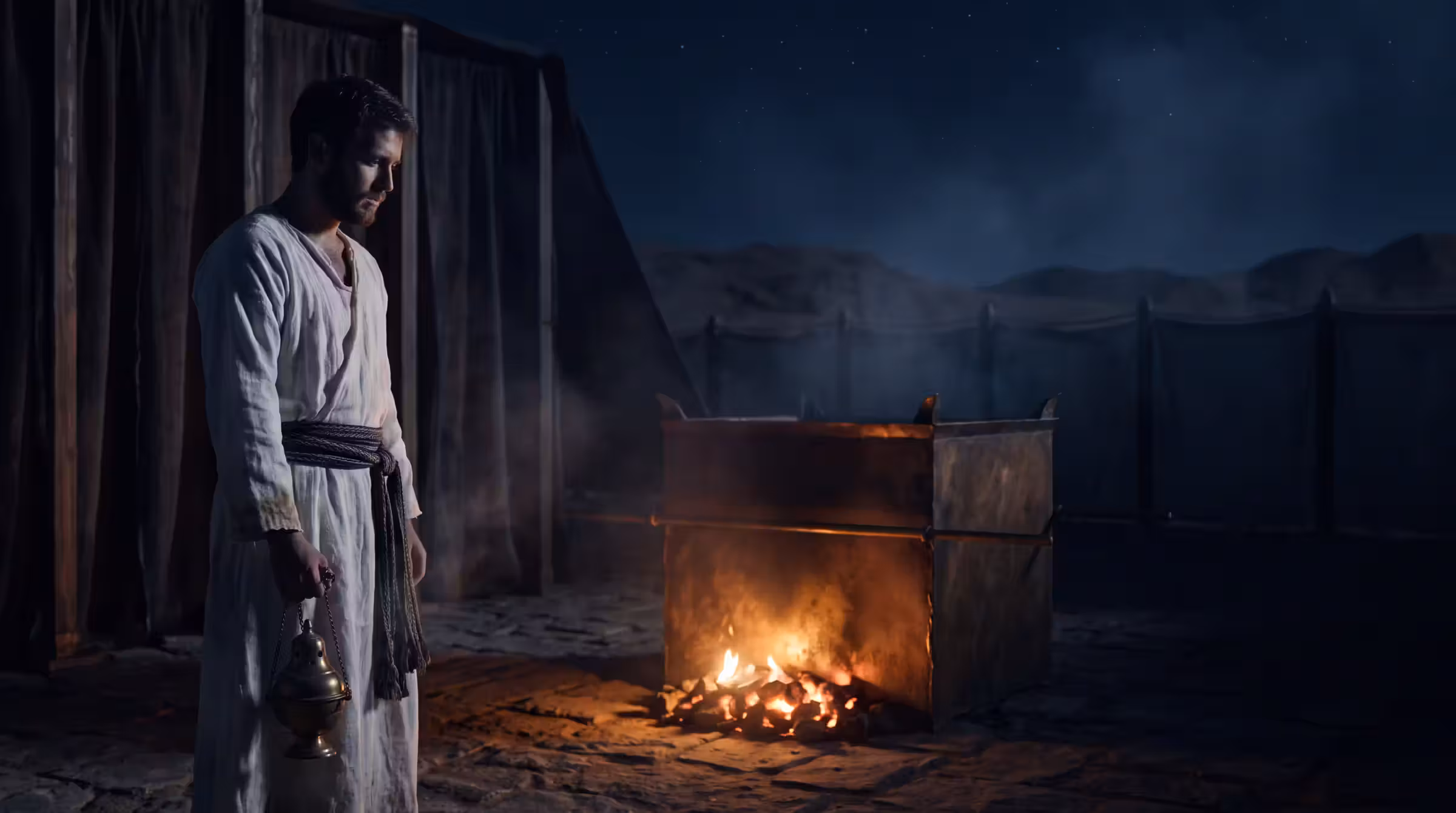 A young priest in white linen holding an unlit bronze censer in the dark outer court of the tabernacle, coals glowing at the altar