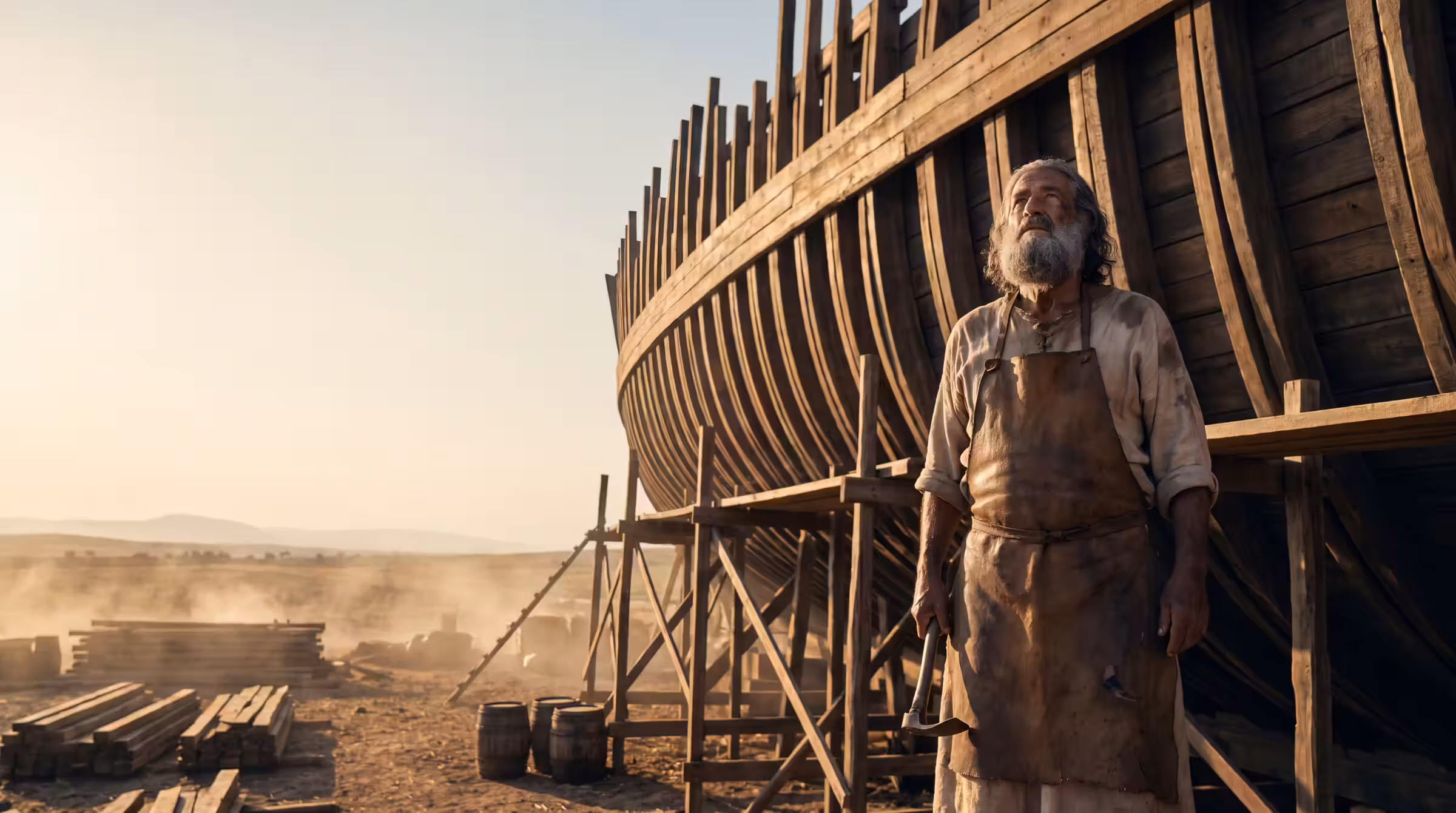 Noah on scaffolding beside the ribbed hull of the half-built ark, an adze in one hand, the dry plain beyond