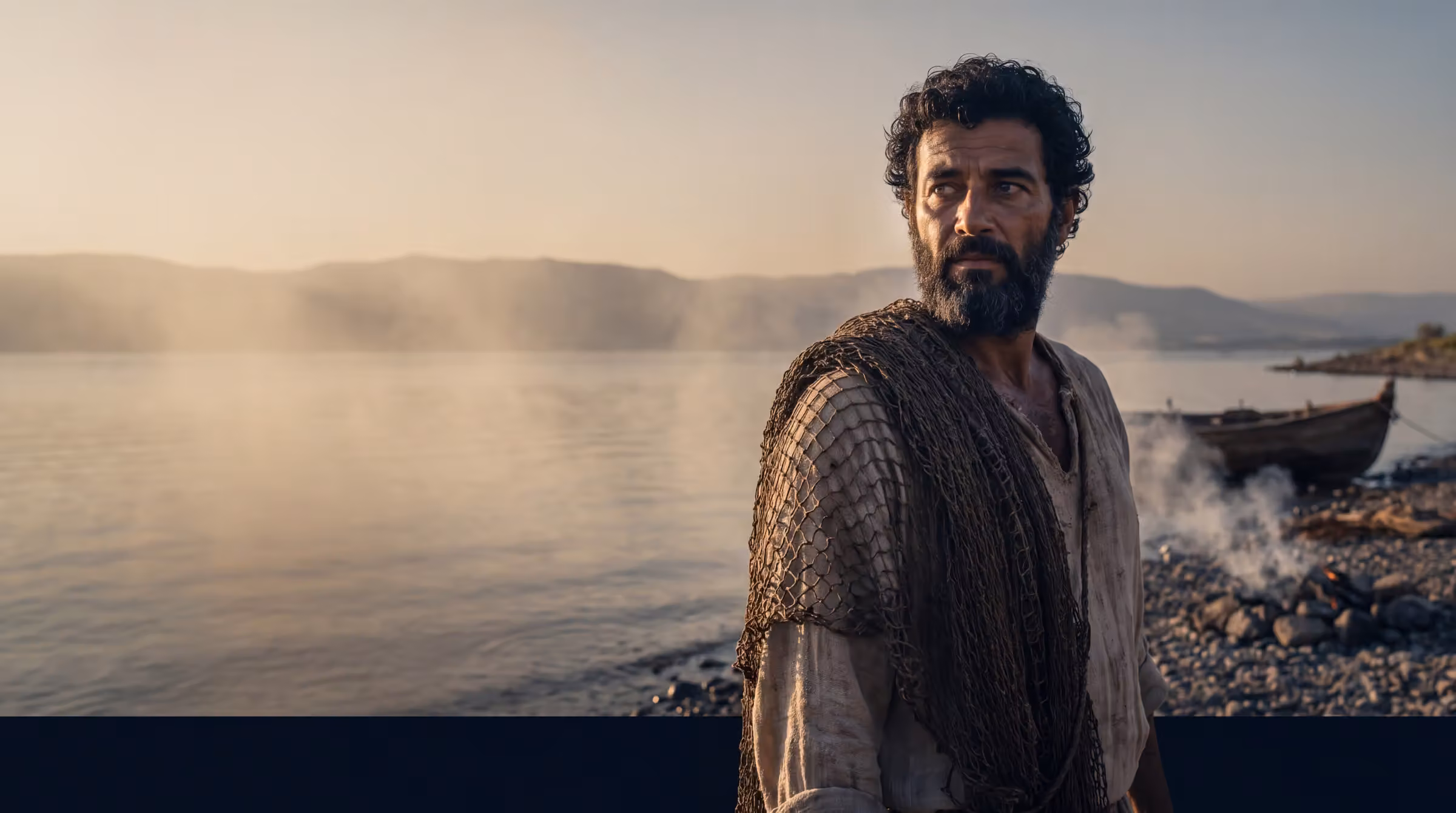 Peter in the shallows of the Sea of Galilee at dawn, a wet net over one shoulder, a charcoal fire on the stones