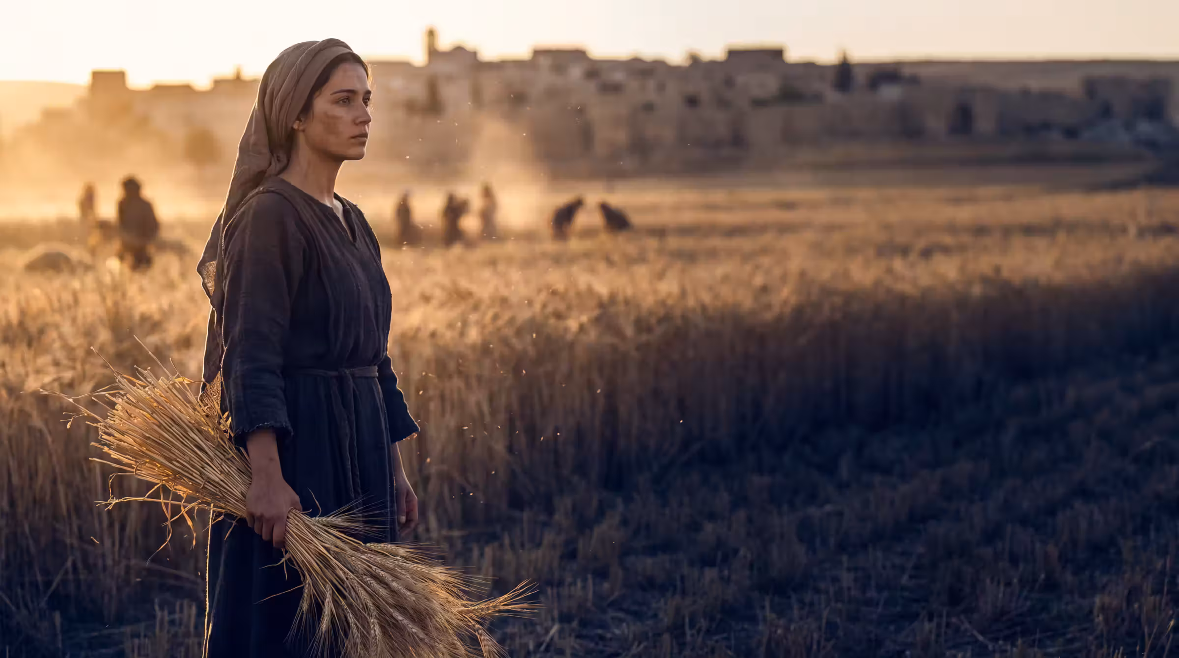 A young widow in a dark travelling robe holding gleaned barley stalks at the edge of a cut field, distant reapers and a hilltop town