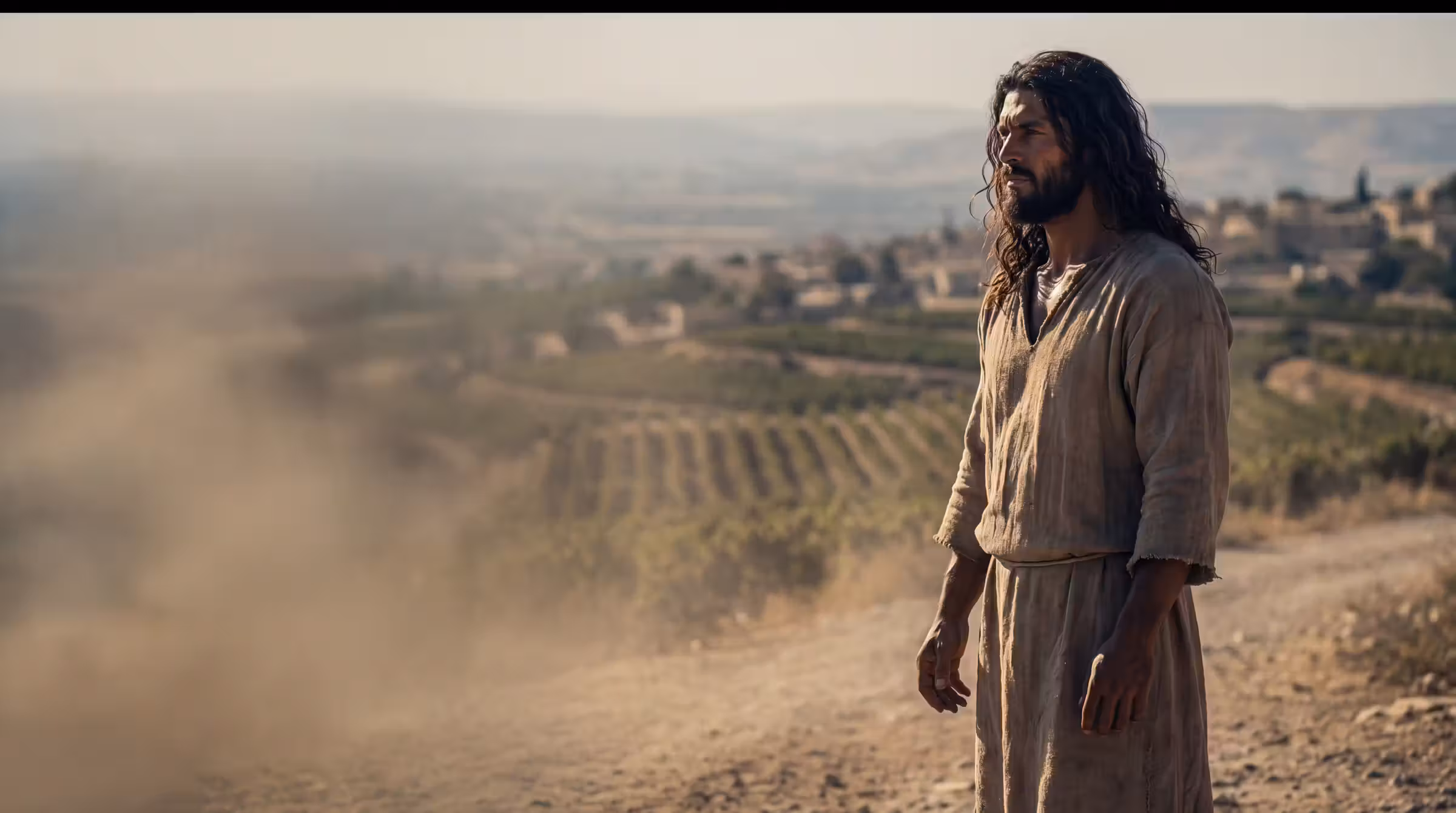 Samson standing still on the road above the vineyards of Timnah at midday, the terraced valley running away beyond