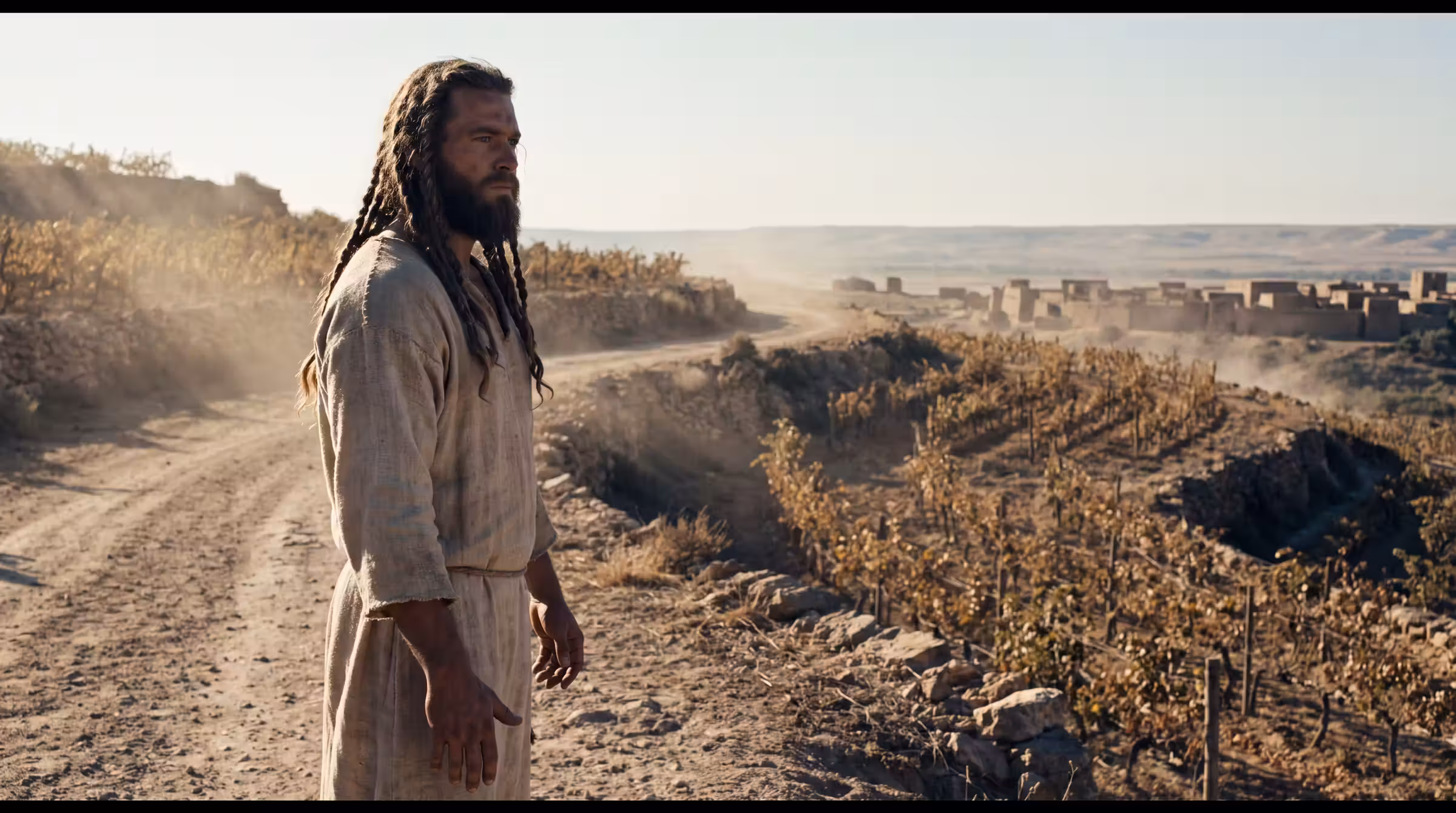 A very large young man with long braided hair standing still on a dusty road above terraced vineyards in the midday heat