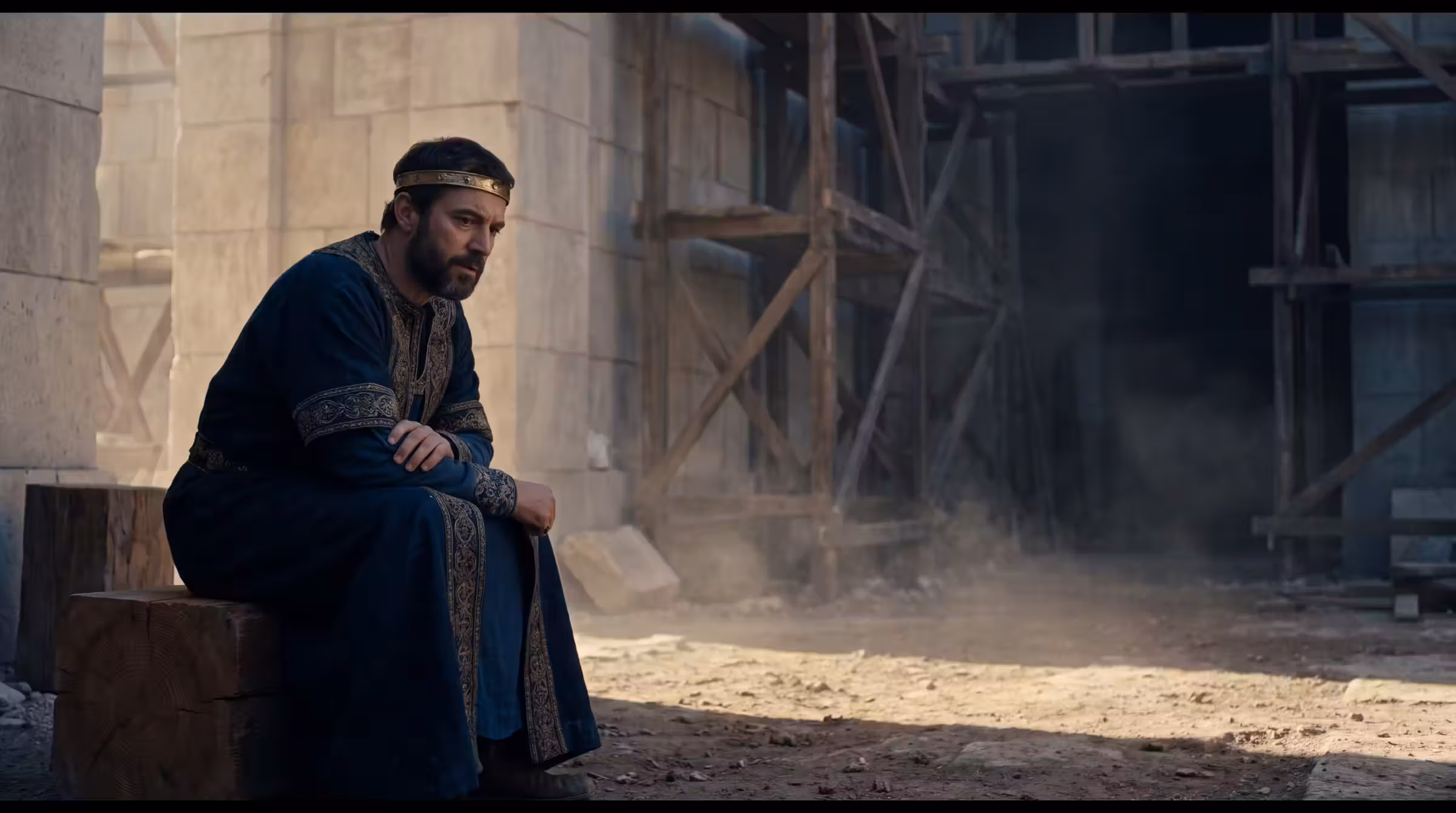A king in blue and brass robes with a plain gold circlet sitting forward in thought in the unfinished temple court, sunlight cutting the dust