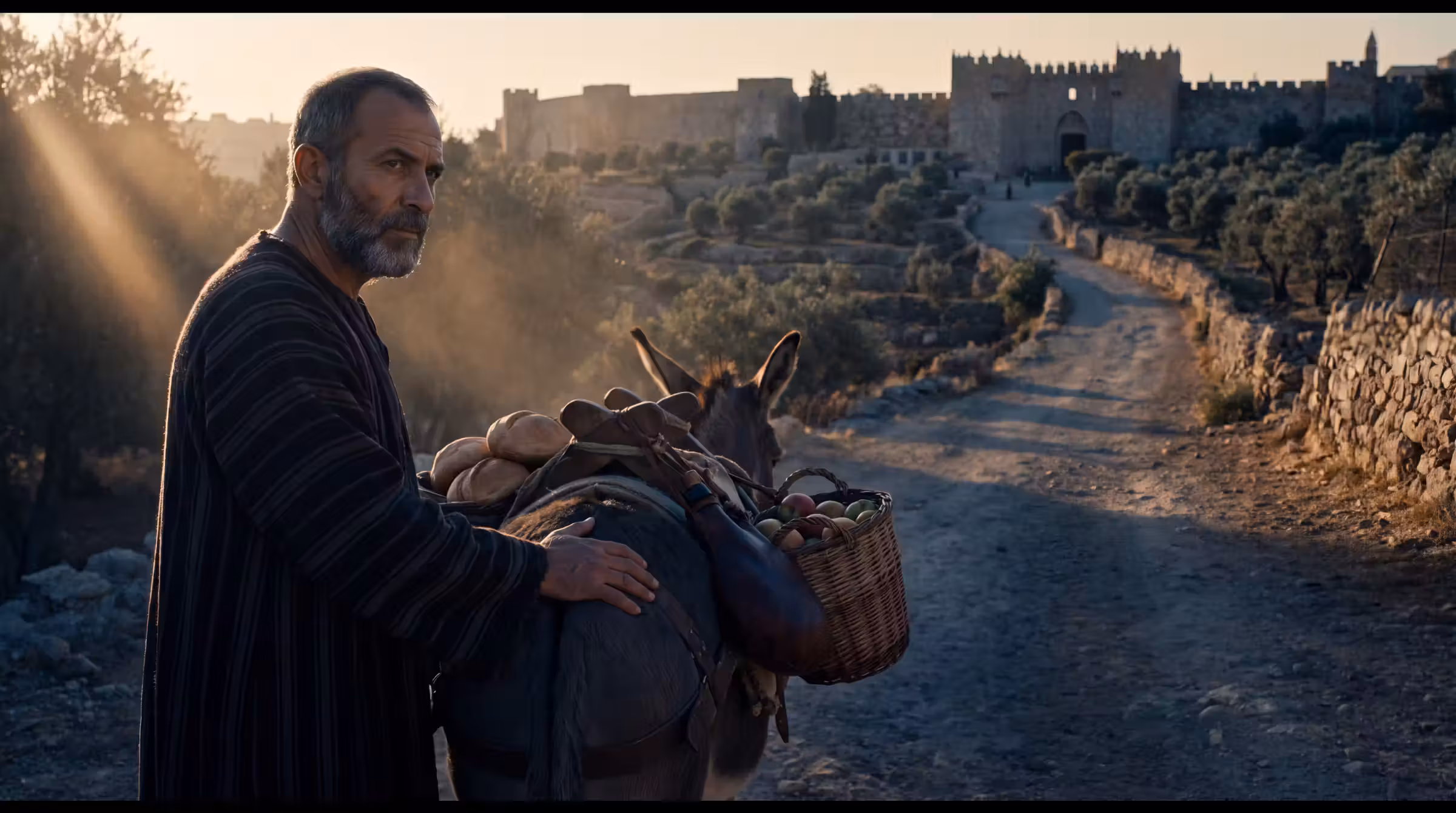 A greying household steward resting a hand on a laden donkey at dawn on a road climbing between olive terraces to a hilltop city gate