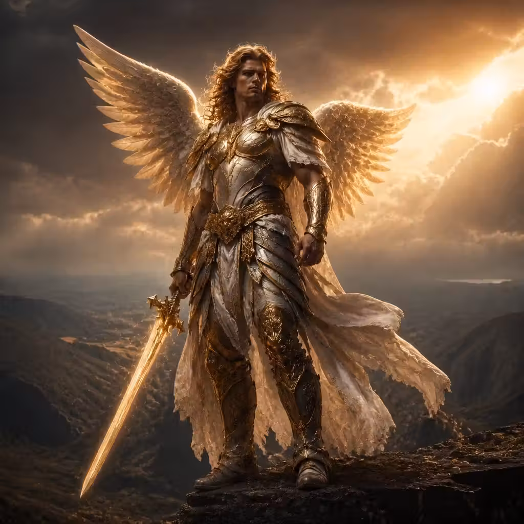 The archangel Michael standing watch over a valley in golden light.