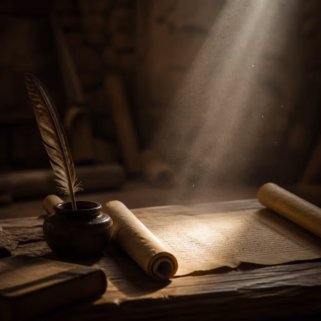 A quill and inkwell beside an open scroll in warm light.