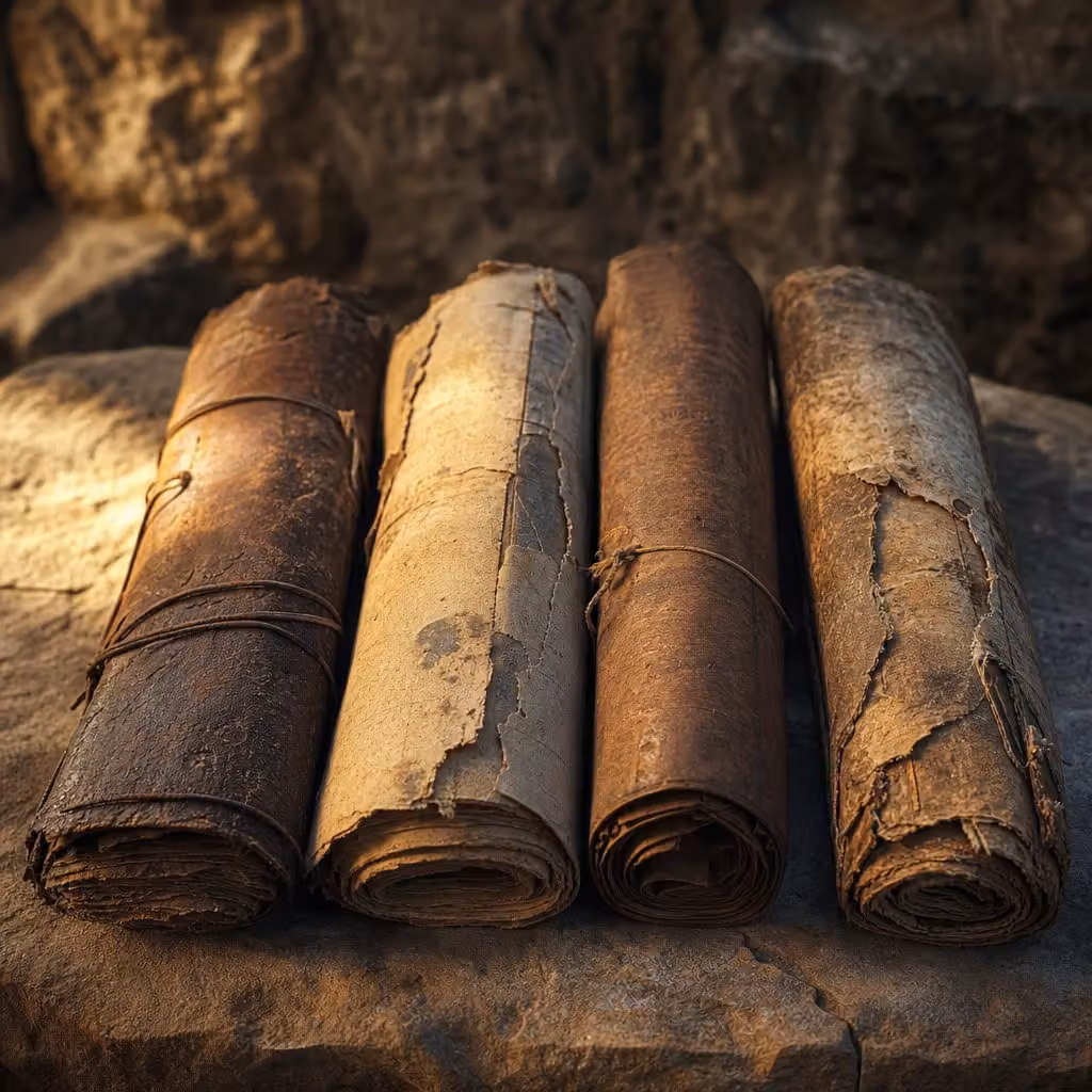 Four ancient scroll codices arranged on a stone surface.