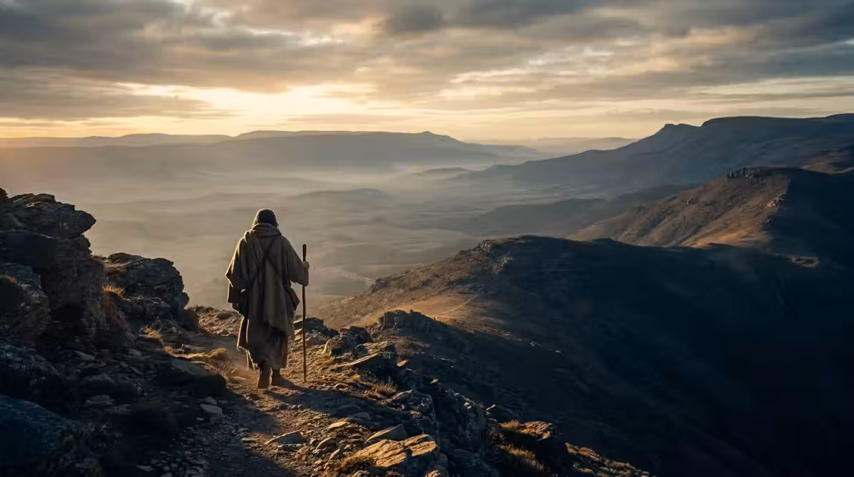 A robed figure walking a ridge toward a low sun over a distant valley