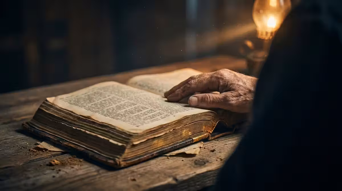 A hand resting on the open pages of a large Bible lit by a warm lamp