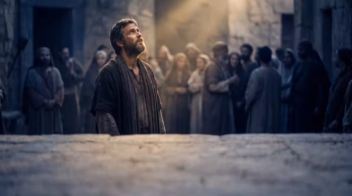 A man in first-century dress standing among a crowd, turning toward the light