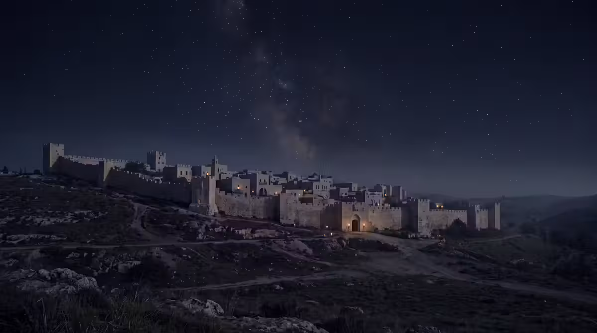 A walled ancient city beneath a vast star-filled night sky
