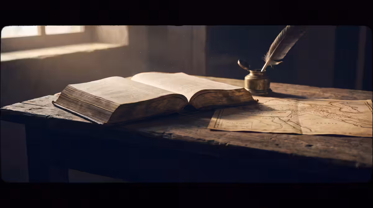 An open Bible on a desk beside an inkwell and a folded map