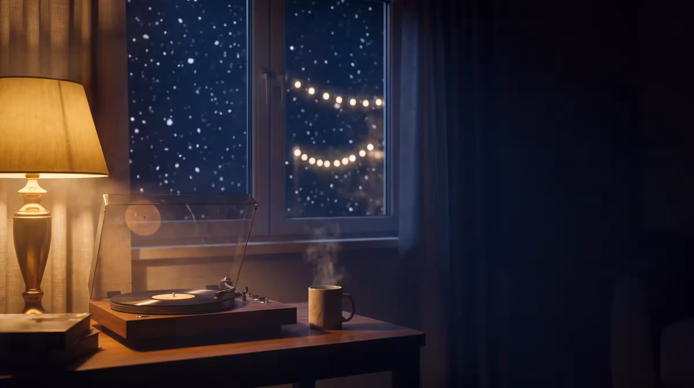A lamplit room at night with a record player and a steaming mug by a window, snow falling outside