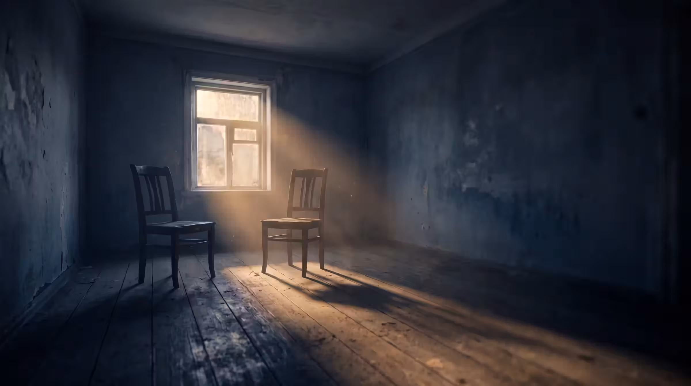 Two empty wooden chairs facing each other in a bare room, lit by low sun through a dusty window