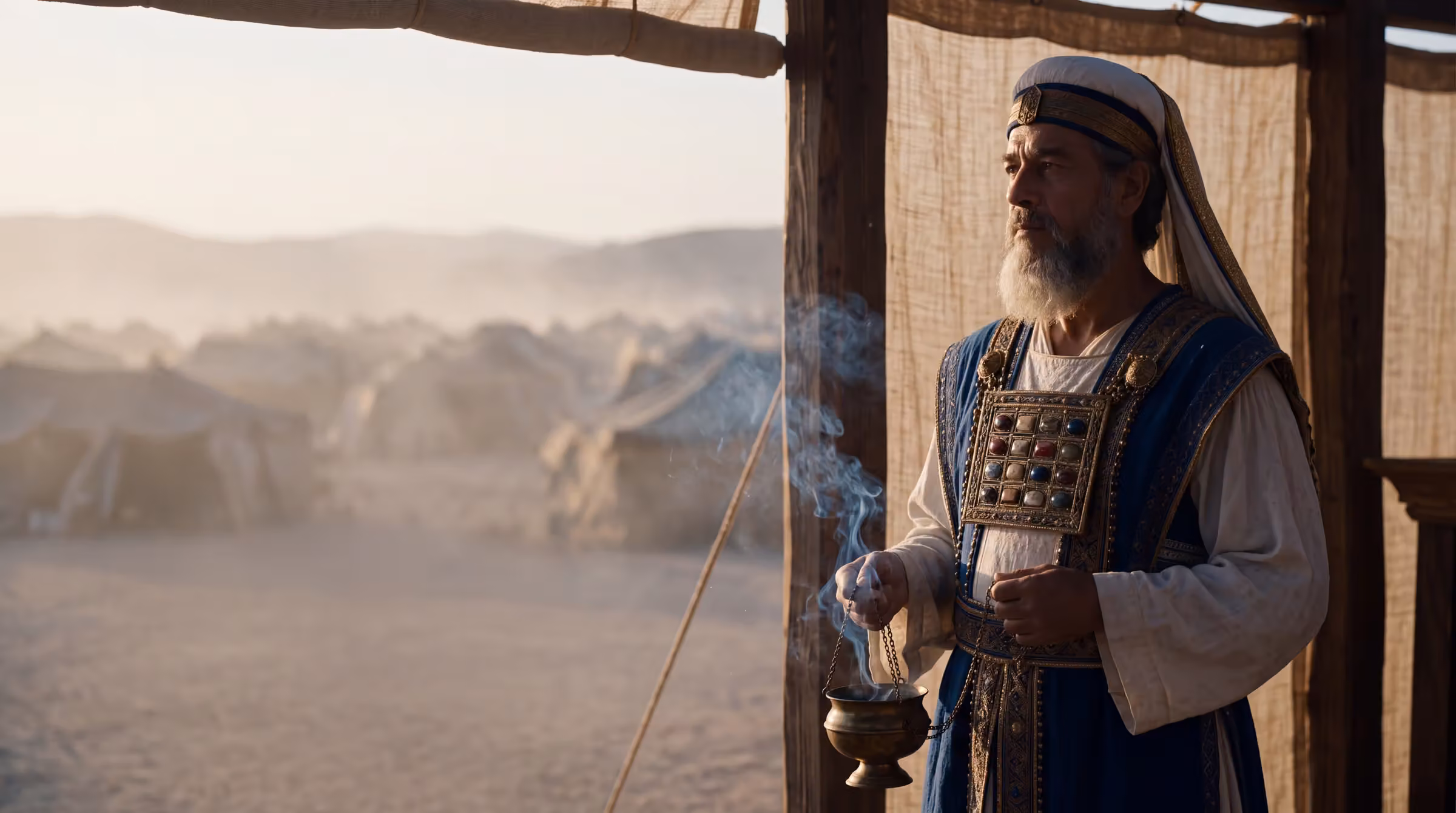 Aaron in the high priest's ephod at the tabernacle entrance at first light, incense smoke rising, the camp beyond in dust