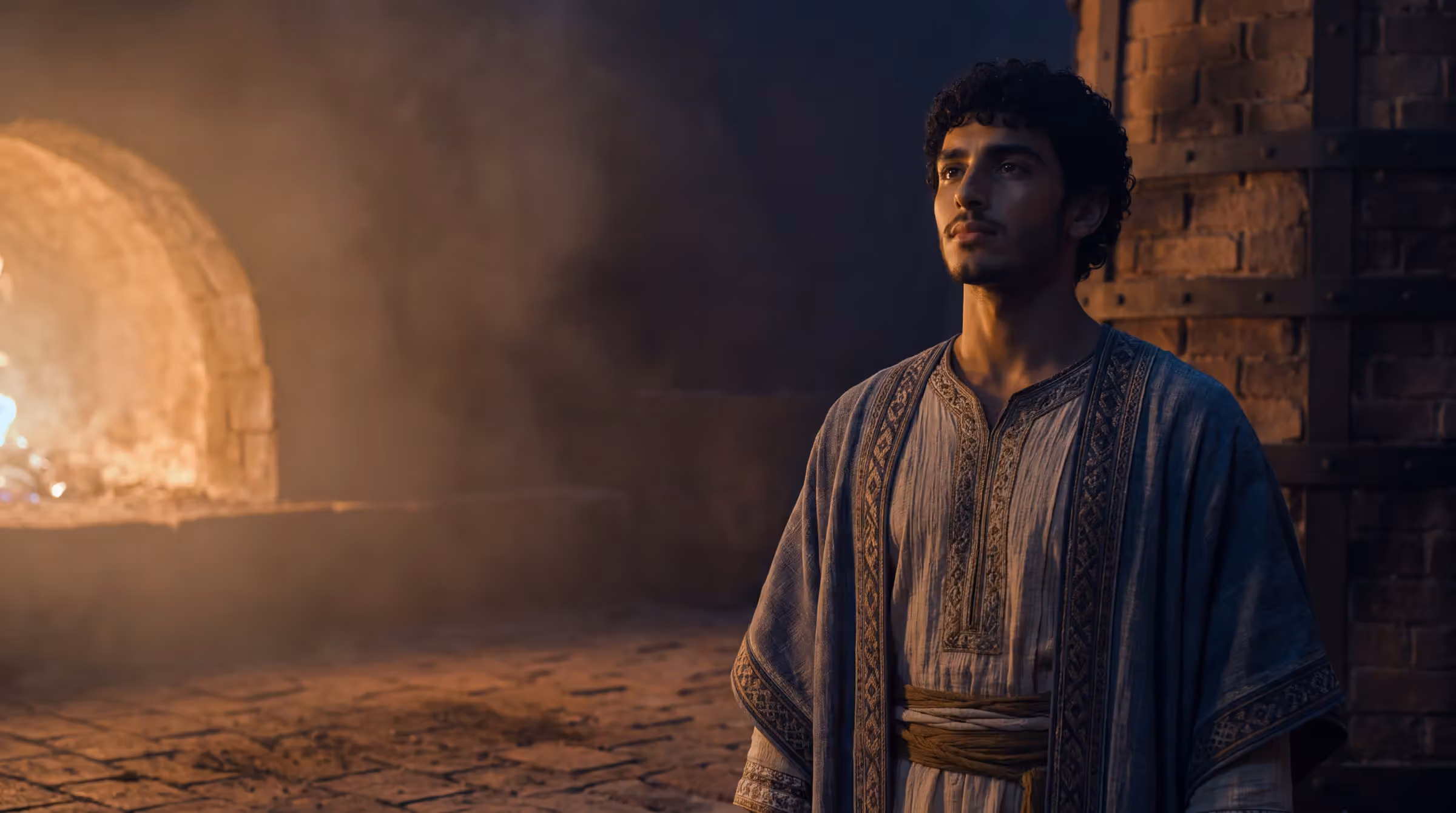 Abednego standing unharmed on the scorched floor before a furnace, its fire glowing away to his left, smoke and heat haze beyond