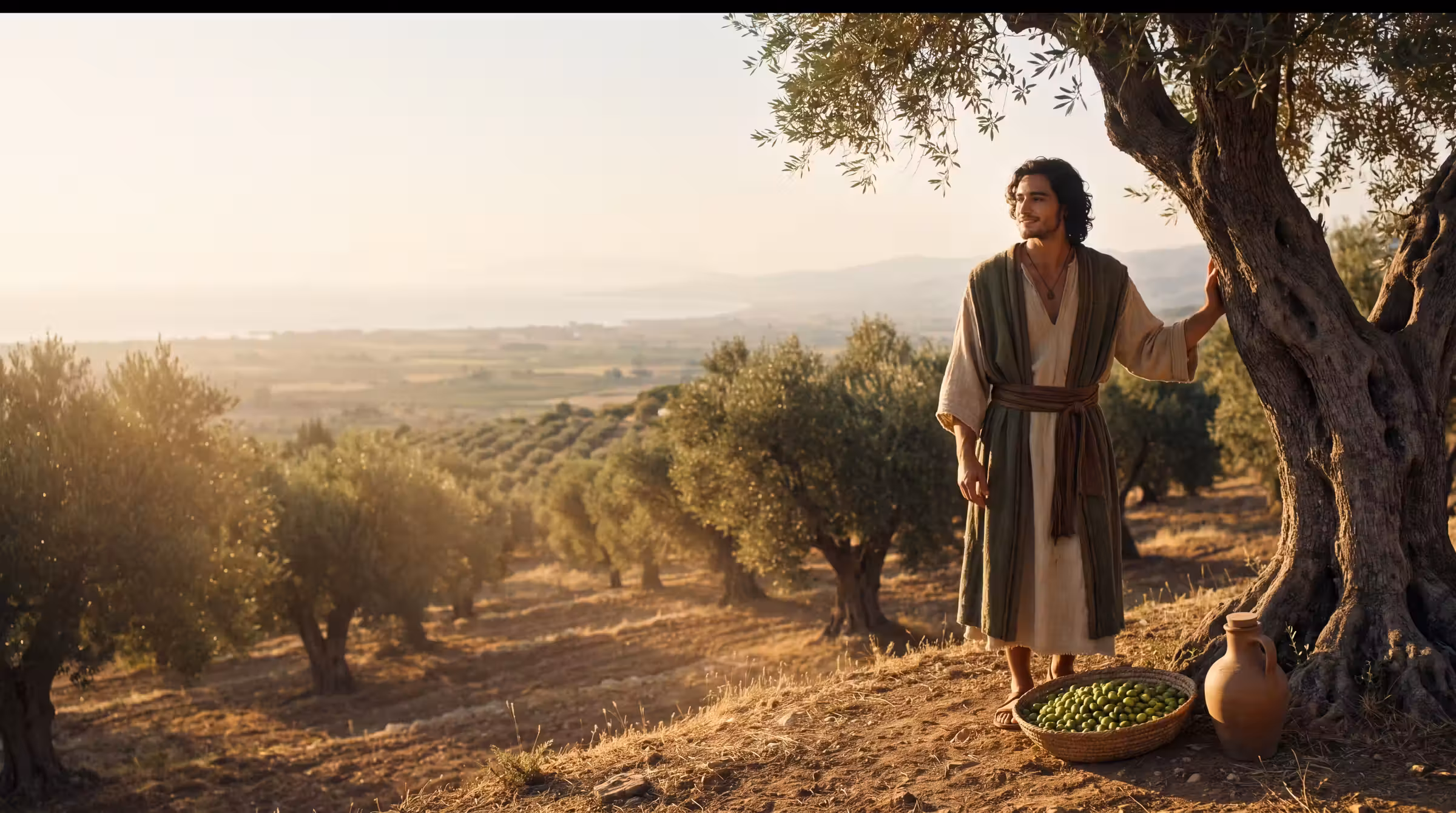 Asher at the edge of an olive grove at golden hour, a basket of olives and an oil jar beside him
