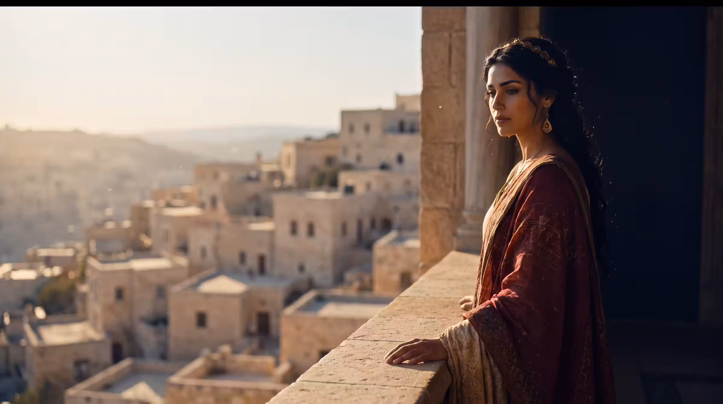 Bathsheba in a crimson and gold robe on a palace terrace at golden hour, one hand on the balustrade, looking out over the flat limestone roofs of Jerusalem