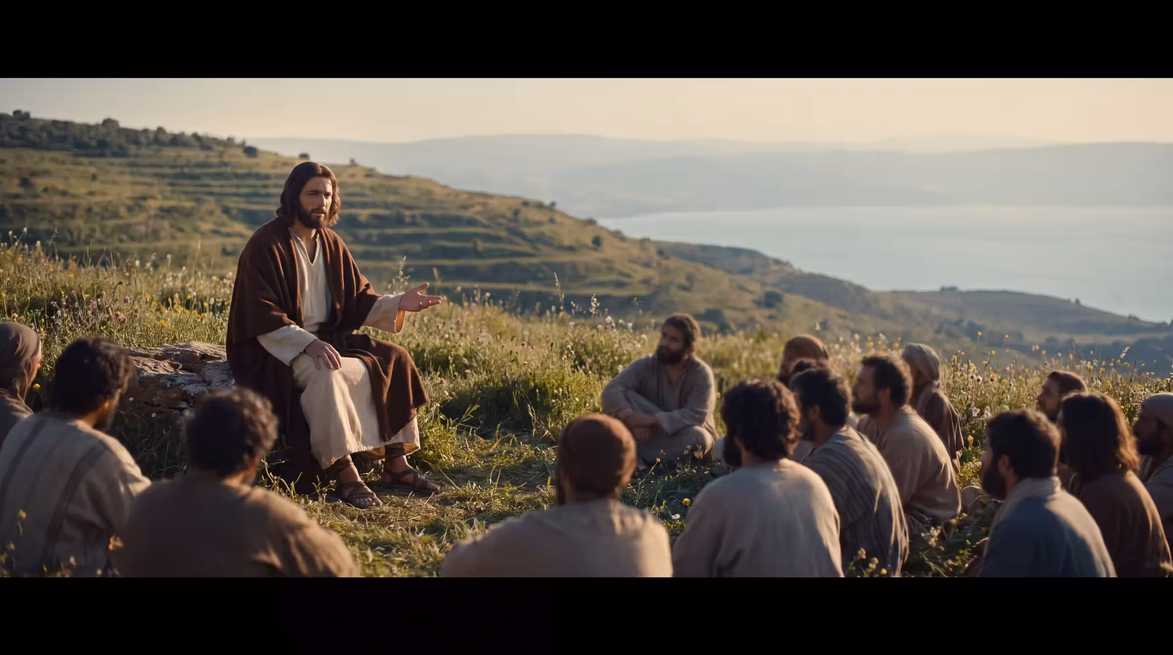 Jesus seated on a rock on a Galilean hillside teaching a small crowd sitting on the grass, the lake hazy in the distance