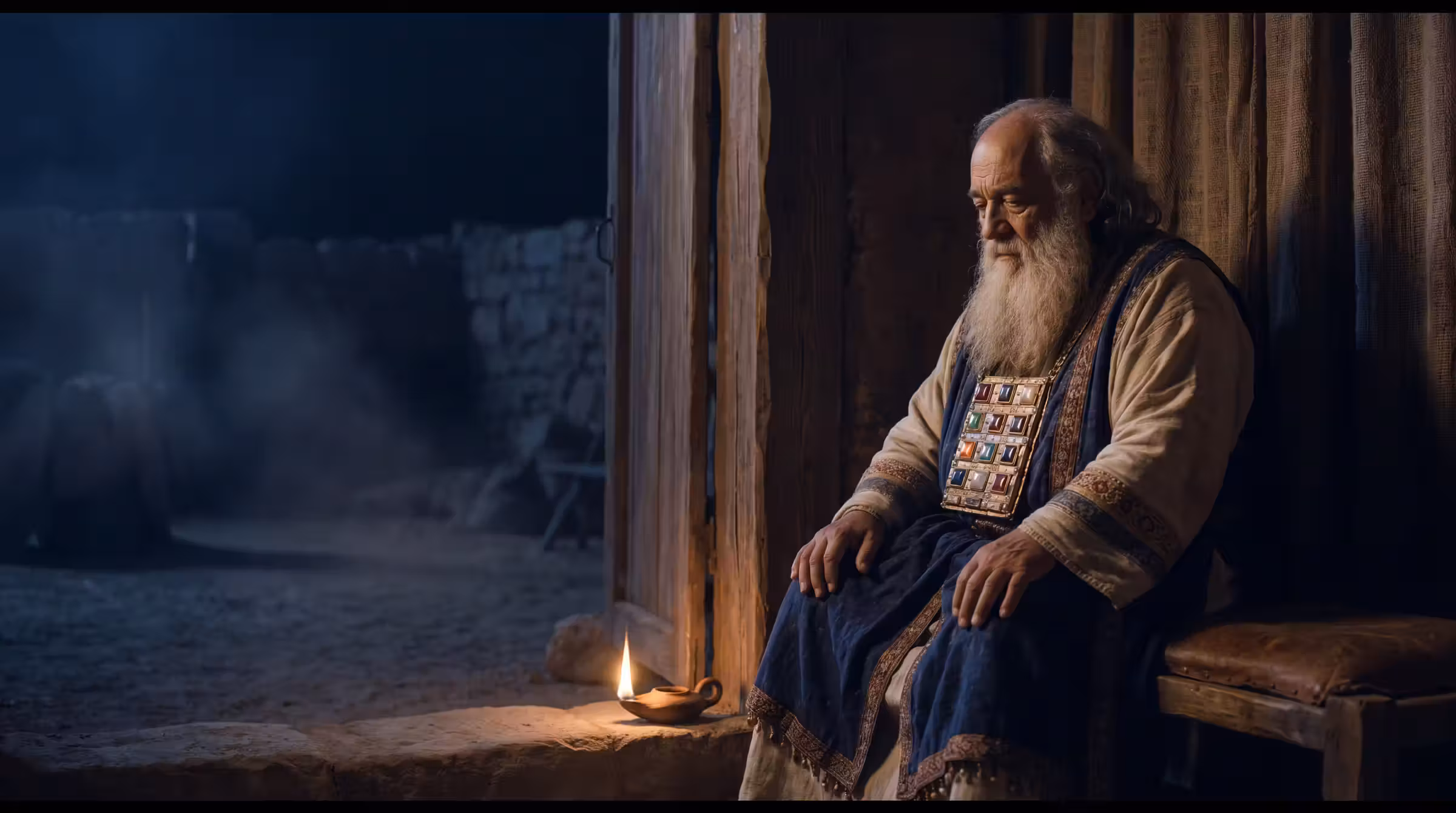 Eli seated by the doorpost of the tabernacle at Shiloh late in the evening, a single lamp burning low beside him