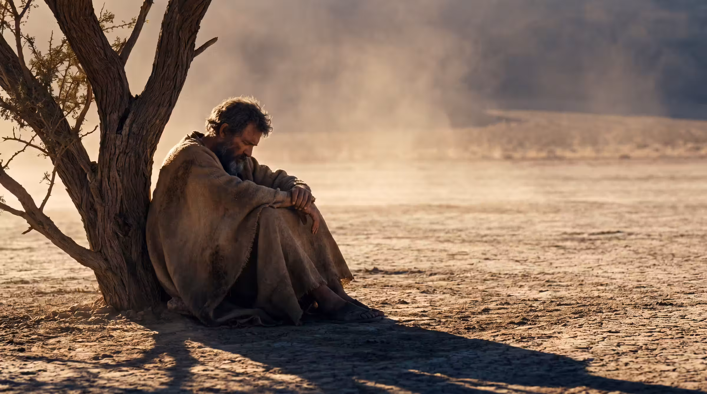 An exhausted prophet in a dust-caked cloak slumped against a solitary broom tree in an empty bleached desert