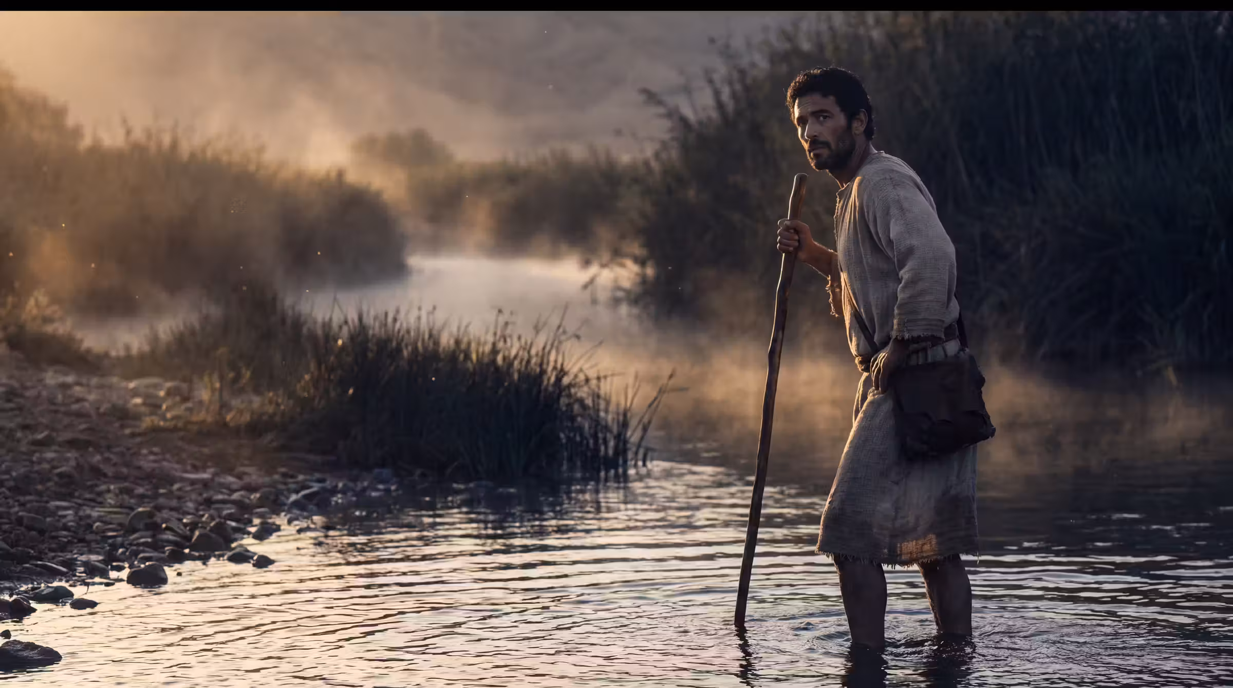 Jacob leaning on a staff at the ford of the Jabbok after sunrise, favouring one hip, mist lying on the water