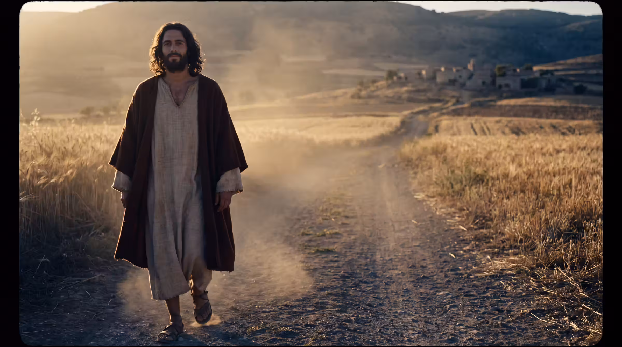 A man in an undyed linen tunic and russet mantle walking a dust road through open Galilean country at sunset