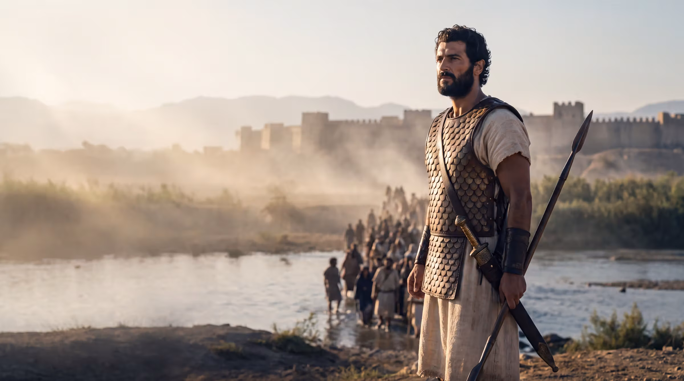 Joshua on a rise above the Jordan in a scaled cuirass, spear grounded, looking towards the distant walls of Jericho